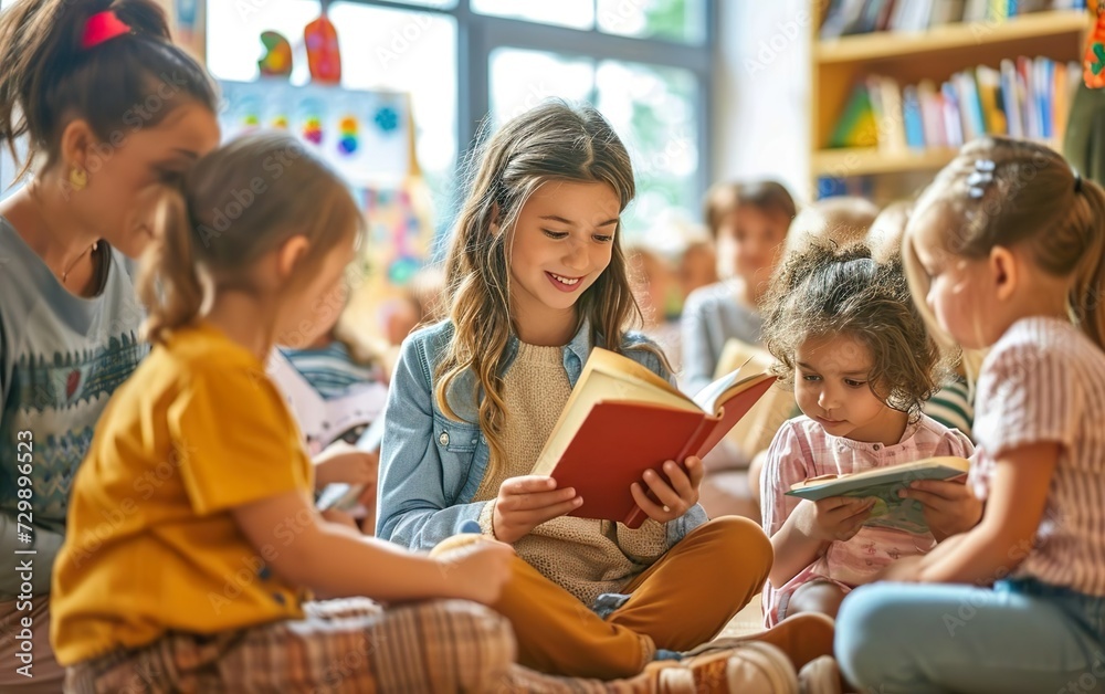 Obraz premium Happy sunny daycare poster. Story time in a kindergarten, boys and girls sitting on the floor and reading books with their nanny teacher. Morning circle. Happy childhood poster. AI Generative.