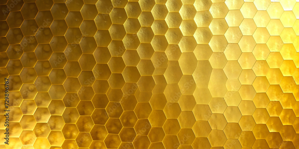 Macro Honeycomb Background with Yellow Hexagonal Pattern and Bee Texture