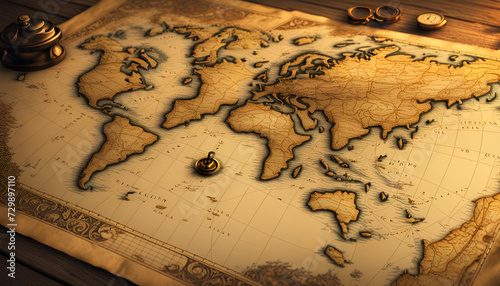 Landkarte mit Inseln und Kontinenten auf altem vergilbten Pergament Papier beschädigt mit Kompass in warmen Licht der goldenen Stunde auf einem Holztisch ausgerollt, Windrose Reisen Navigation maritim photo