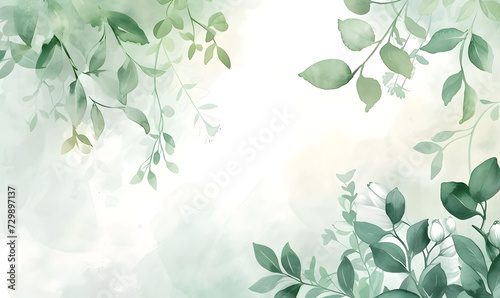 Green leaves snd flower watercolor background invitation template