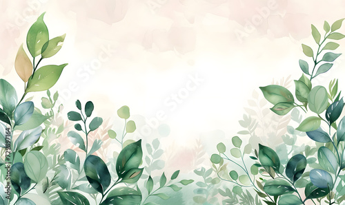 Fototapeta Naklejka Na Ścianę i Meble -  Green leaves snd flower watercolor background invitation template