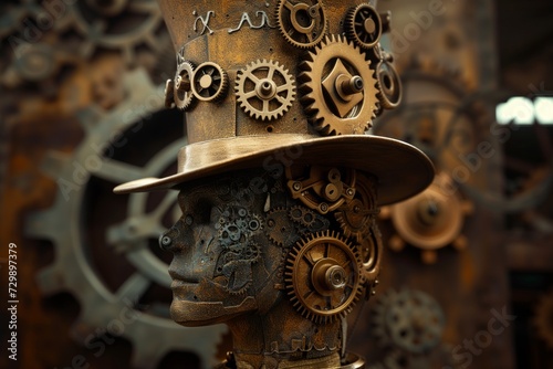 tophat made of cogs on gearconstructed head photo