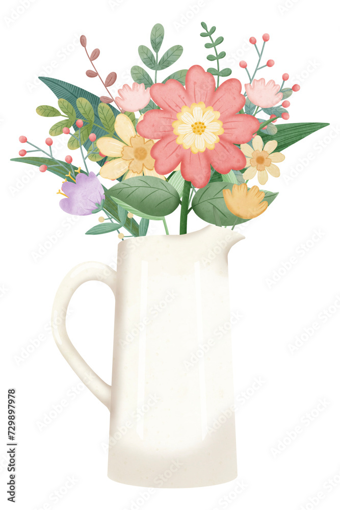 Spring flowers in a pitcher, illustration