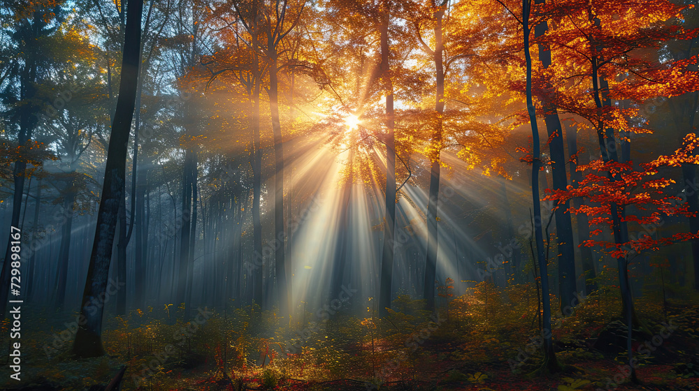 Sunbeams breaking through the mist in a dense autumn forest, highlighting the vibrant fall colors of the foliage.
