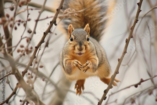 squirrel navigating through feathered branches