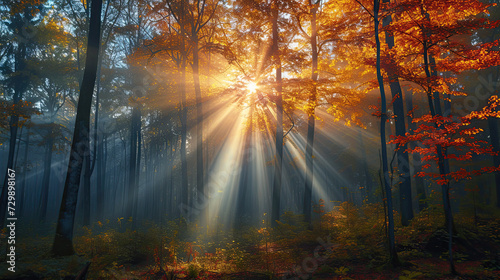 Sunbeams breaking through the mist in a dense autumn forest  highlighting the vibrant fall colors of the foliage. 