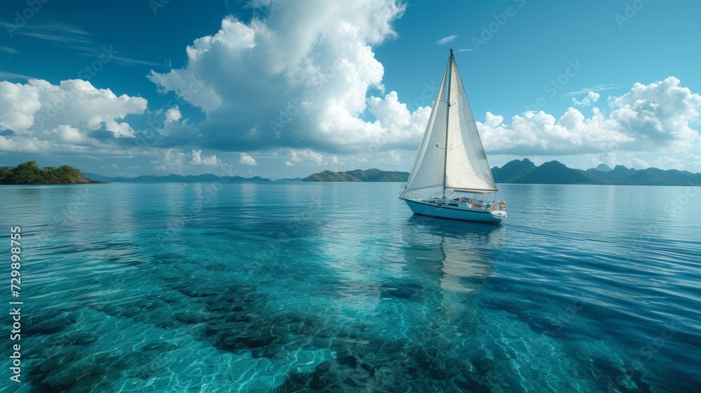A peaceful sailboat excursion on crystal-clear waters, with distant islands on the horizon.