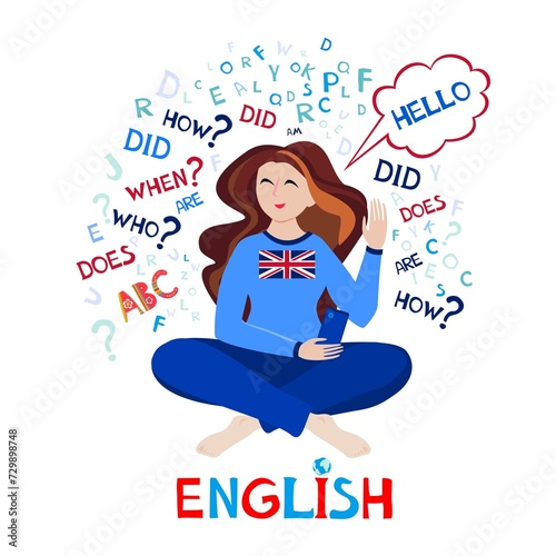 English. Illustration for book, dictionary, vocabulary, speaking, reading, writing, listening skills. Learn English concept. Young woman girl student learning english. Education 