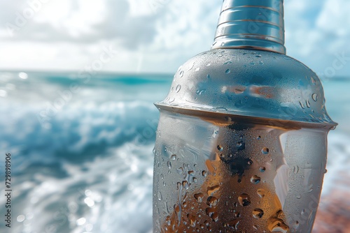 closeup of a cocktail shaker with waves in the distance