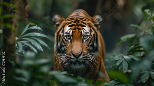 A regal Bengal tiger stalking silently through the dense Indian jungle © olegganko