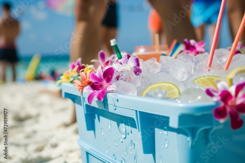 icefilled cooler with drinks at a beach bash photo
