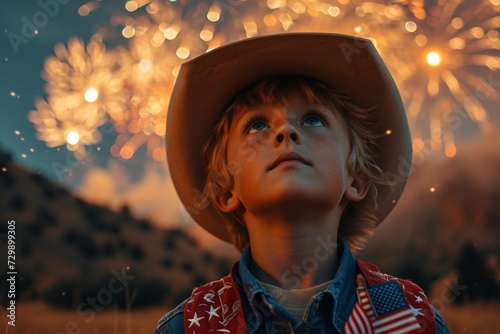 Boy in Cowboy Hat Watching Fireworks on 4th of July Generative AI photo