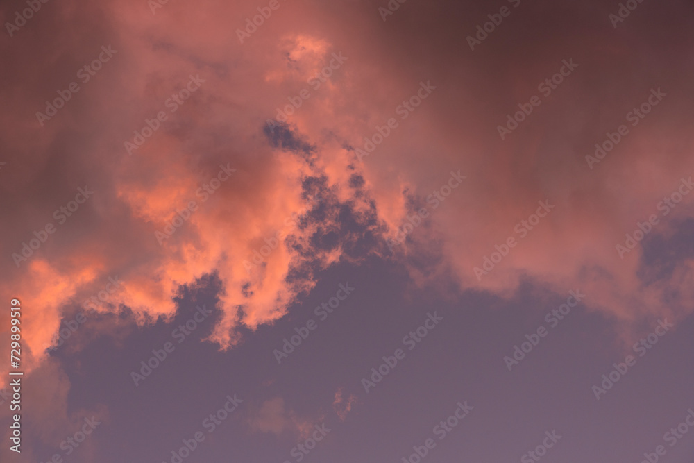 Cloud landscape. Pink and brown summer cumulus clouds on a blue sky during sunset. Wallpaper. Background.