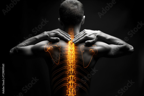 Shoulder-scapular periarthritis, shoulder blades and neck pain, intervertebral spine hernia, man with back pain on a black background, spinal disc disease