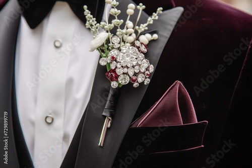 crystalembellished boutonniere on a velvet tuxedo at a gala event photo