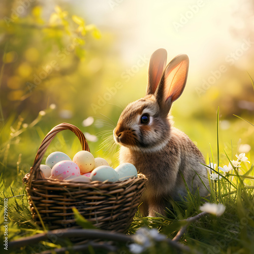 Easter rabbit and basket full of colorful Easter eggs and spring flowers on a meadow with sun shining.