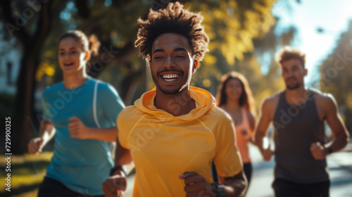 A lively shot of active people outdoors, promoting sports goods