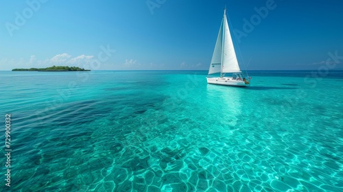 A peaceful sailboat excursion on crystal-clear waters, with distant islands on the horizon.