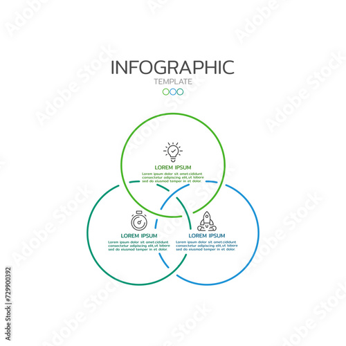 Circular scheme with 3 round paper white elements. Concept of cyclic business process with icons and 4 stages. Minimal infographic design template.