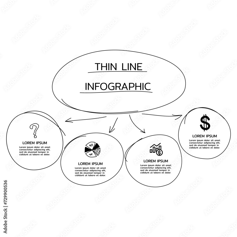 Hand drawn thin line infographic design with circles and financial icons for Business process steps with options. Hand drawn thin line infographic design with circles and financial icons for Business process steps with options.