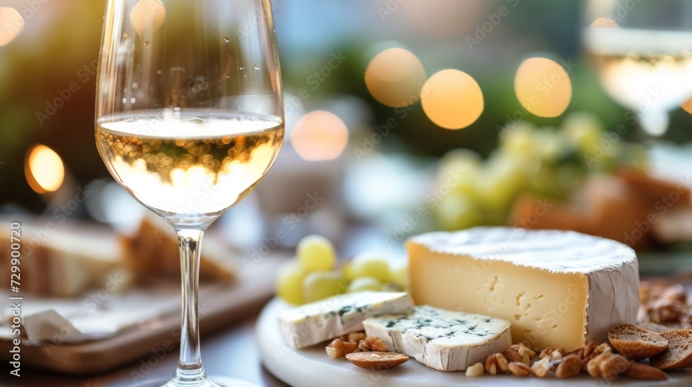 A picture of a wine glass and cheese on a romantic table, endorsing restaurants.