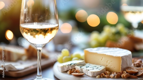 A picture of a wine glass and cheese on a romantic table  endorsing restaurants.