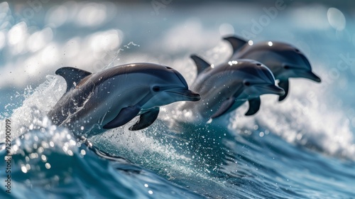A playful family of dolphins leaping joyfully through the glistening waves of the ocean. © olegganko