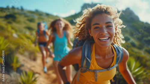 A lively shot of active people outdoors, promoting sports goods