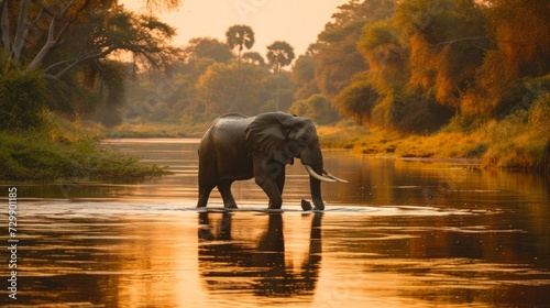 A serene elephant crossing a tranquil river, the reflection mirroring its mas...