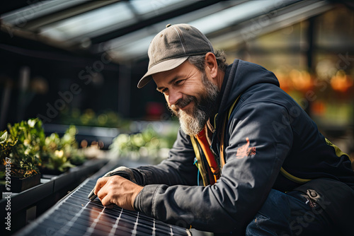 Gazing Toward Future: Mature man with distinguished beard engages in deep contemplation as he peers at solar panel, embracing potential of renewable energy