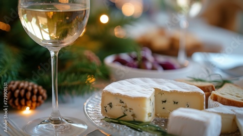 A picture of a wine glass and cheese on a romantic table, endorsing restaurants.