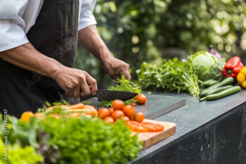 chef chopping vegetables on an outdoor counter photo