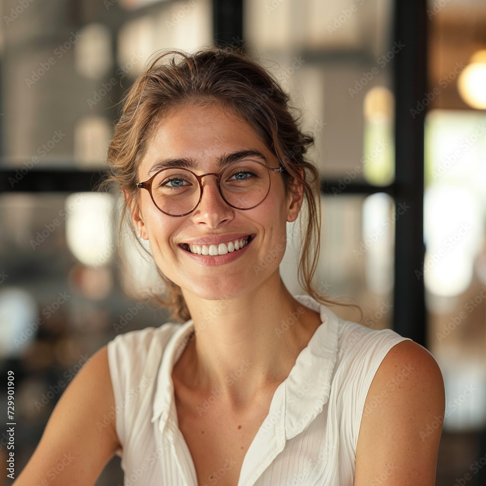 a woman wearing glasses is smiling in an office, in the style of gray, understated elegance a woman wearing glasses is smiling in an office, in the style of gray, understated elegance