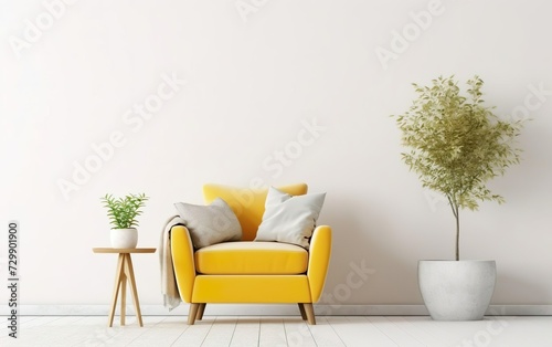 Scandinavian indoor design. Warm toned living room interior wall mockup with a yellow armchair and a background of a white wall, green plants. AI Generative. © your_inspiration