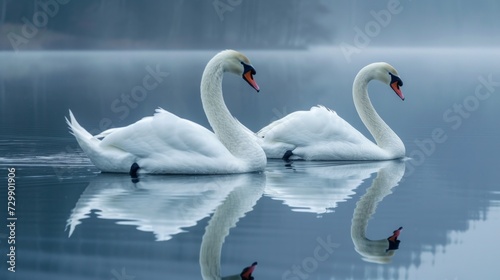 A pair of swans gliding serenely across the mirror-like surface of a tranquil lake