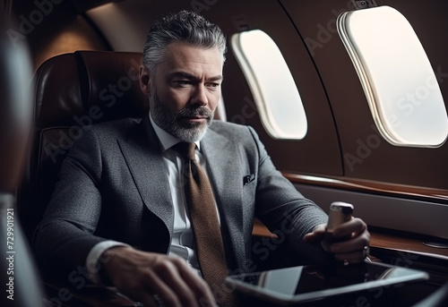 Mature businessman, immersed in the digital realm, sits in private airplane, captivated by his tablet, as he embarks on a journey through the virtual worlds. © sommersby