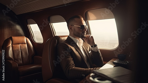 Mysterious businessman donning sharp suit and sunglasses takes in view as he leisurely sits inside business jet airplane, exuding air of intrigue and elegance