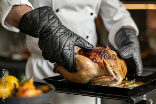 chef wearing oven mitts, pulling out a roasted chicken photo
