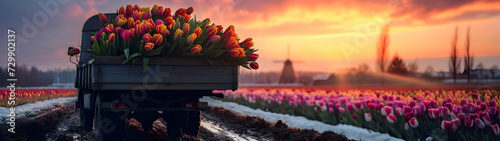 Truck car with colorful tulip flowers on the road in a winter countryside with sunset. Concept of spring coming and winter leaving. Horizontal, banner. © linda_vostrovska