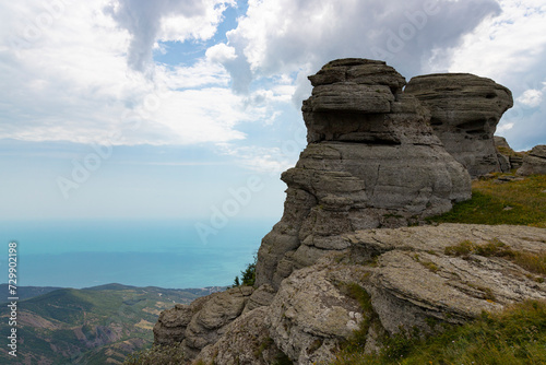 Mountain canyon, gray limestone cliffs in the form of pillars formed under the action of natural forces. © Iryna