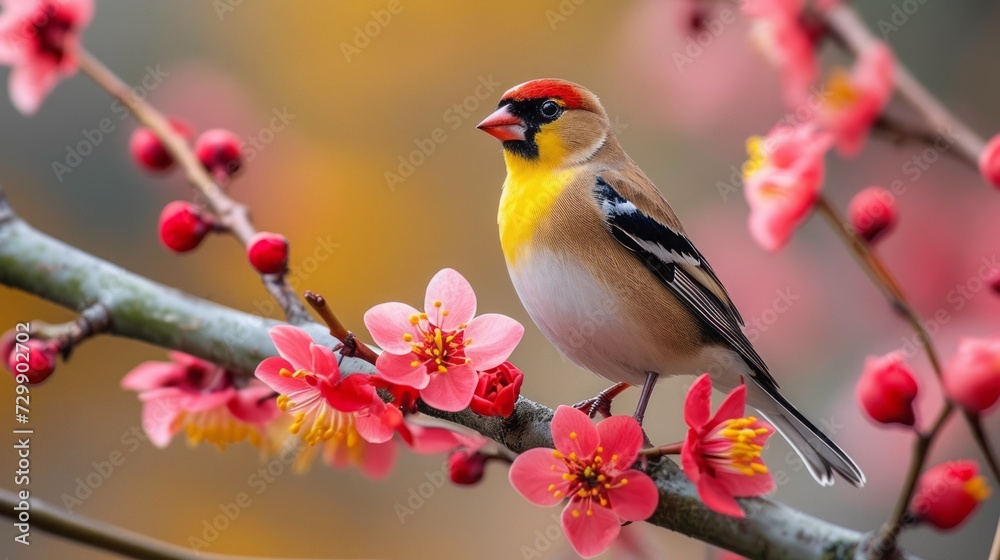 European Goldfinch ( Carduelis carduelis ) on a blossoming branch. Slovakia European Goldfinch ( Carduelis carduelis ) on a blossoming branch. Slovakia