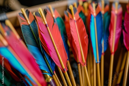 tight shot of arrows with bright feathers in quiver