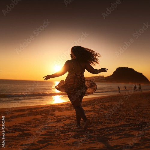 Plump woman dancing on beach