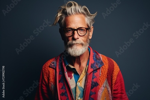 Portrait of a handsome senior man with long gray hair wearing a colorful shirt and glasses.