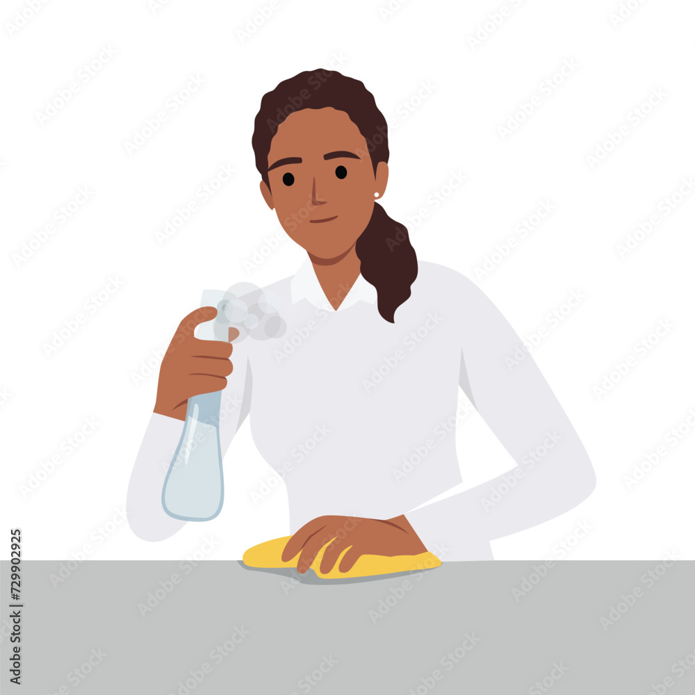 Cleaning in office concept. Young happy smiling woman maid housekeeper or girl janitor cartoon character cleans business room or hotel apartment with spray. Flat vector illustration isolated on white Cleaning in office concept. Young happy smiling woman maid housekeeper or girl janitor cartoon character cleans business room or hotel apartment with spray. Flat vector illustration isolated on white