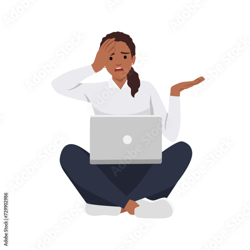 Young beautiful frustrated woman using laptop computer sitting with crossed legs isolated vector illustration. Flat vector illustration isolated on white background