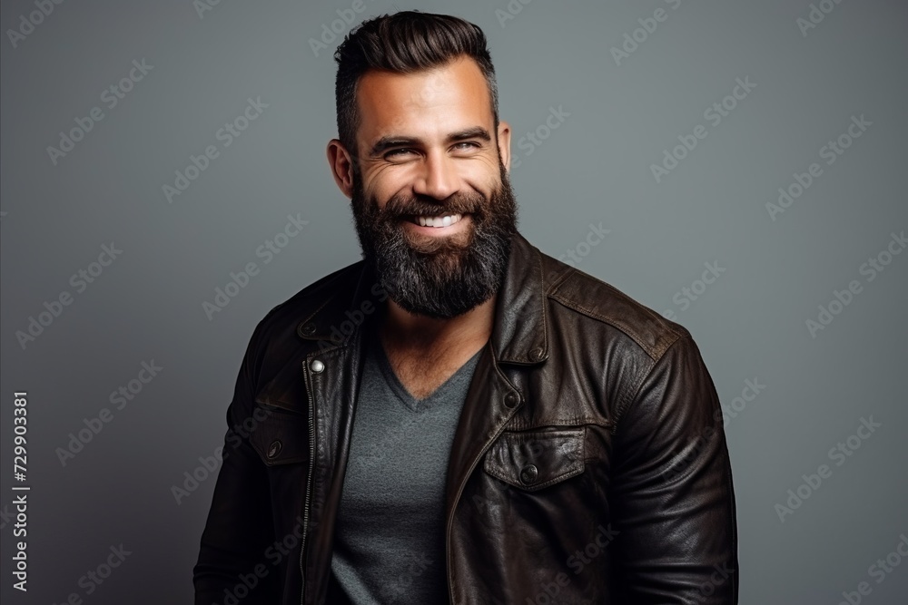 Portrait of a handsome bearded man in a leather jacket. Men's beauty, fashion.
