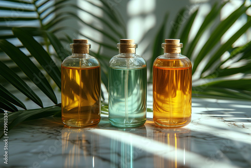Three blank bottles of essential oil skincare body care bath , nature botanical foliage background