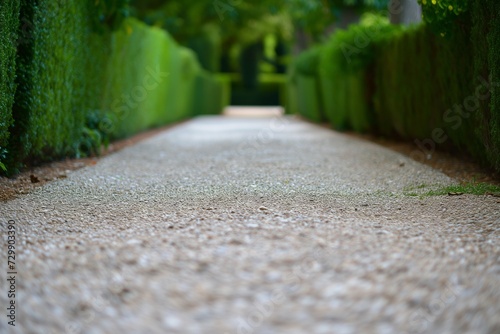 empty gravel path leading away, outoffocus green hedges either side