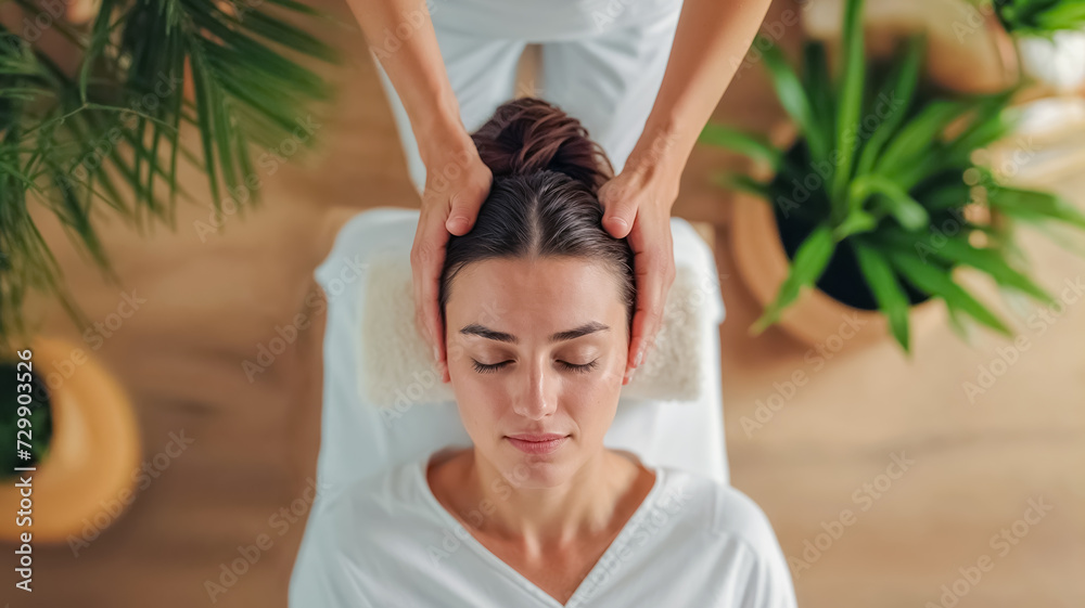 une femme allongée sur le dos sur une table de massage se fait masser la tête par une masseuse professionnelle - obrazy, fototapety, plakaty 